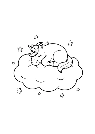 Coloring page of a sleepy unicorn on a cloud, black and white line art