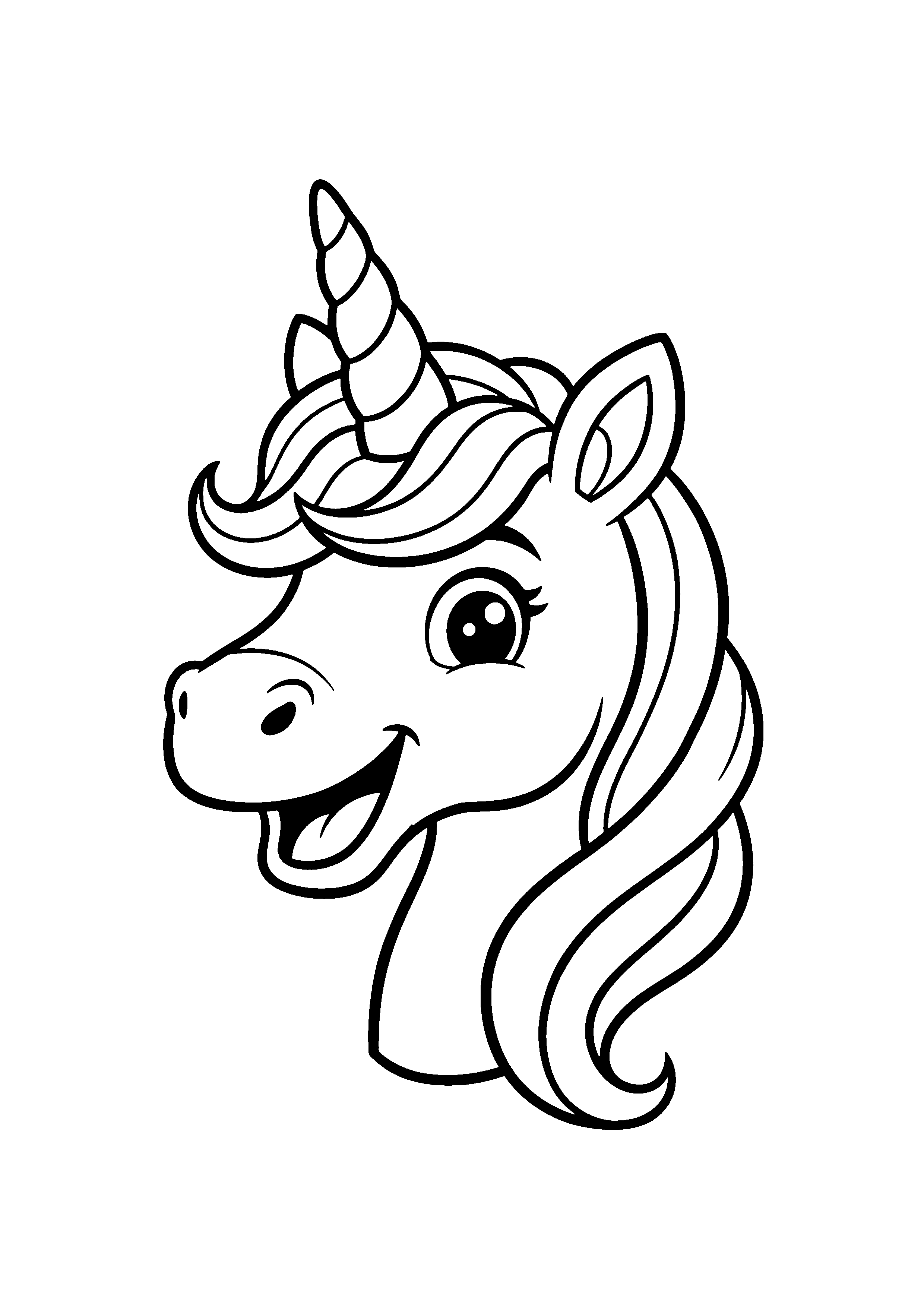 Coloring page of a smiling unicorn head, black and white line art