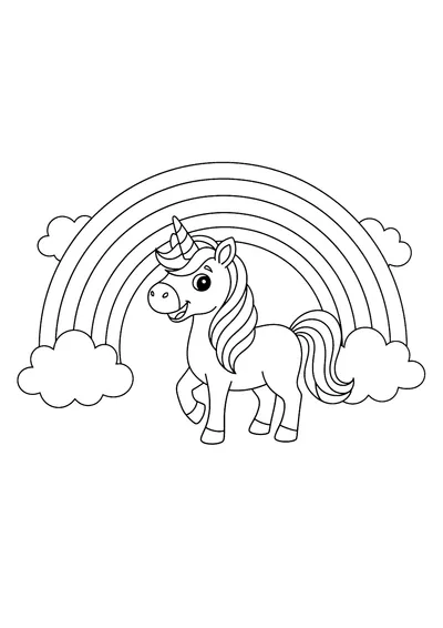 Coloring page of a unicorn under a rainbow, black and white line art