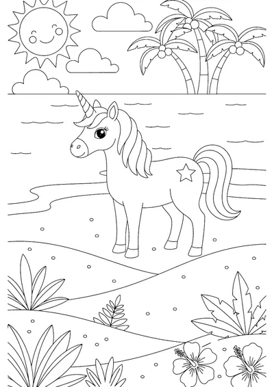 Coloring page of a unicorn at the beach, black and white line art