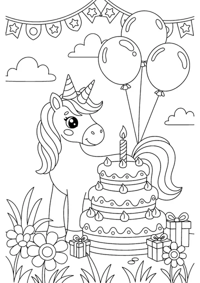 Coloring page of a unicorn at a birthday party, black and white line art