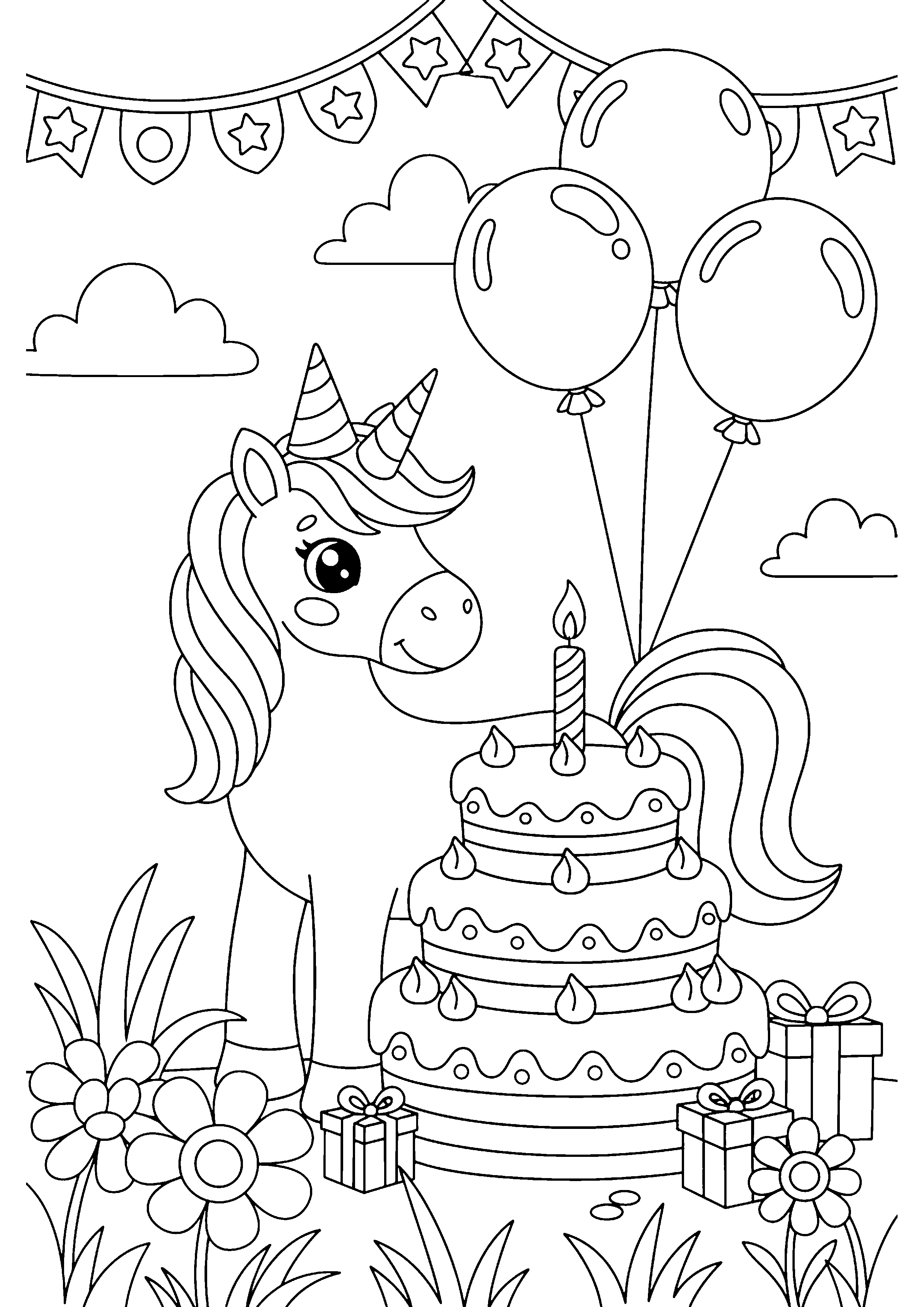 Coloring page of a unicorn at a birthday party, black and white line art