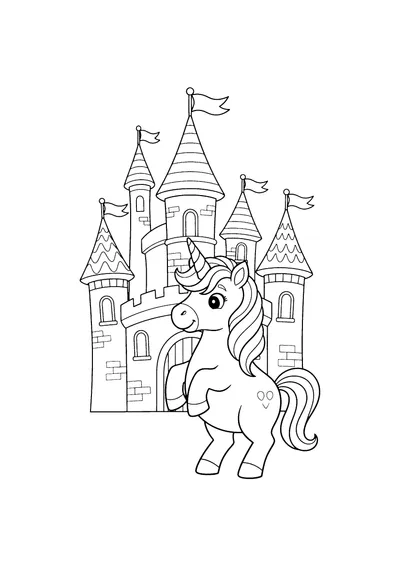 Coloring page of a unicorn in front of a fairy-tale castle, black and white line art