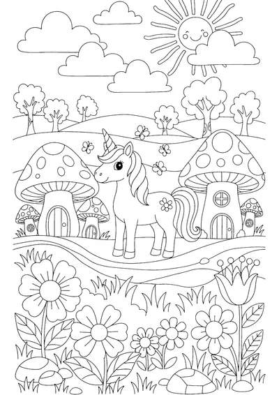 Coloring page of a unicorn at a fairy village, black and white line art
