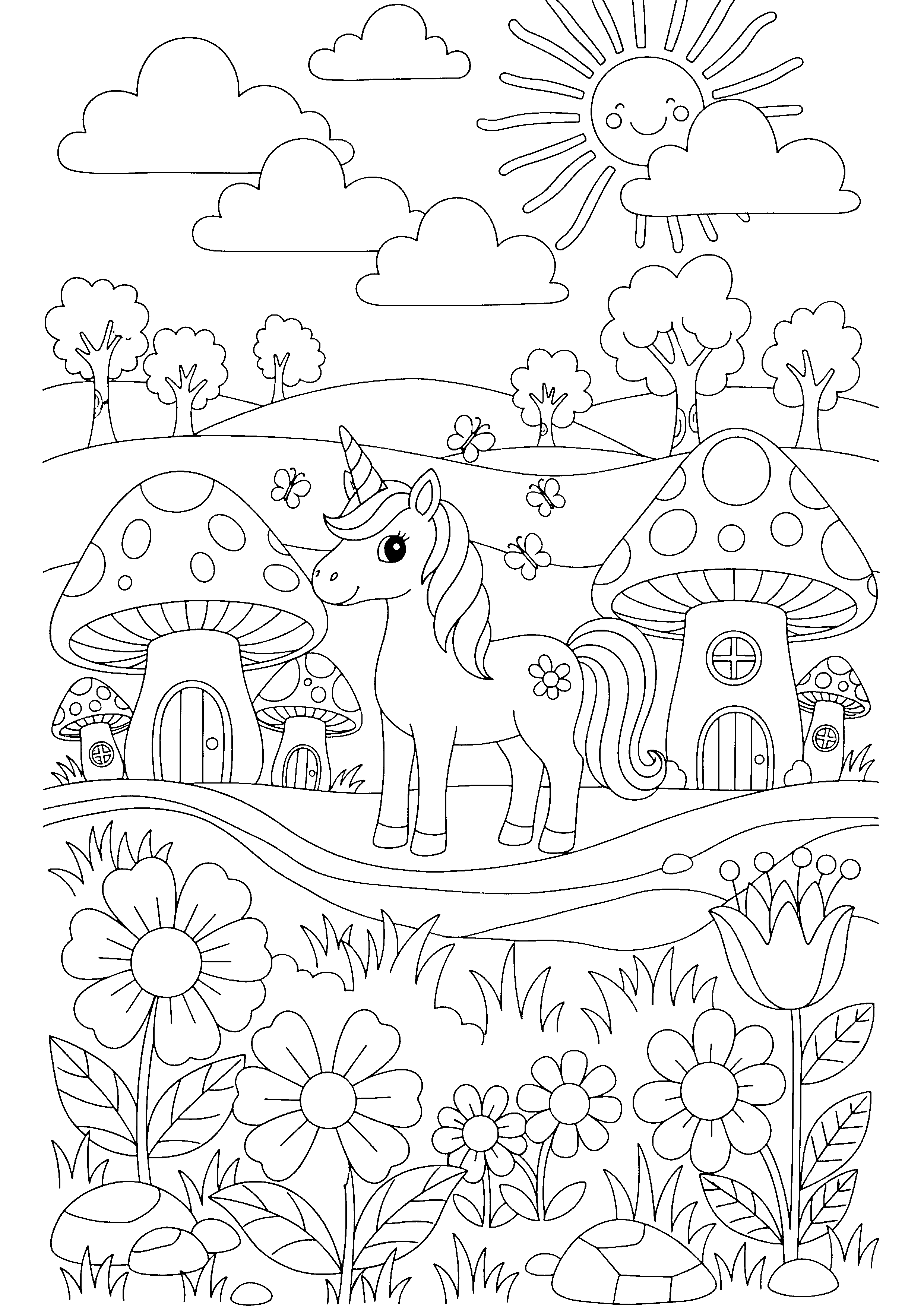 Coloring page of a unicorn at a fairy village, black and white line art