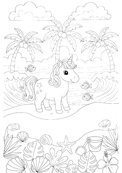 Coloring page of a unicorn on a beach, black and white line art