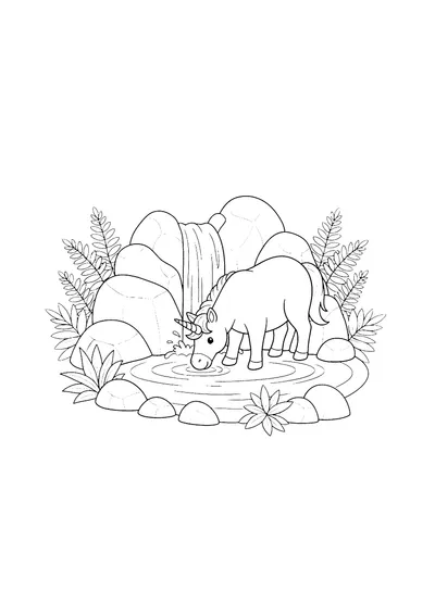 Coloring page of a unicorn by a waterfall, black and white line art