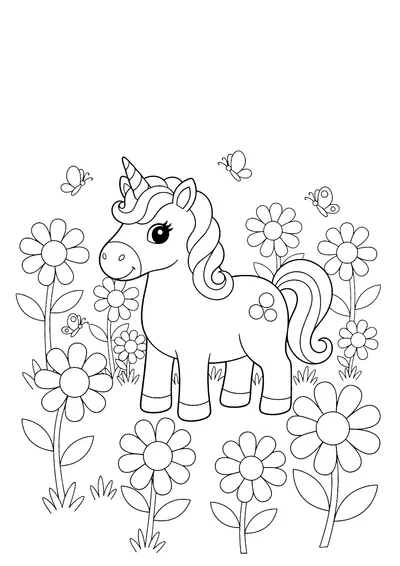 Coloring page of a unicorn in a flower meadow, black and white line art