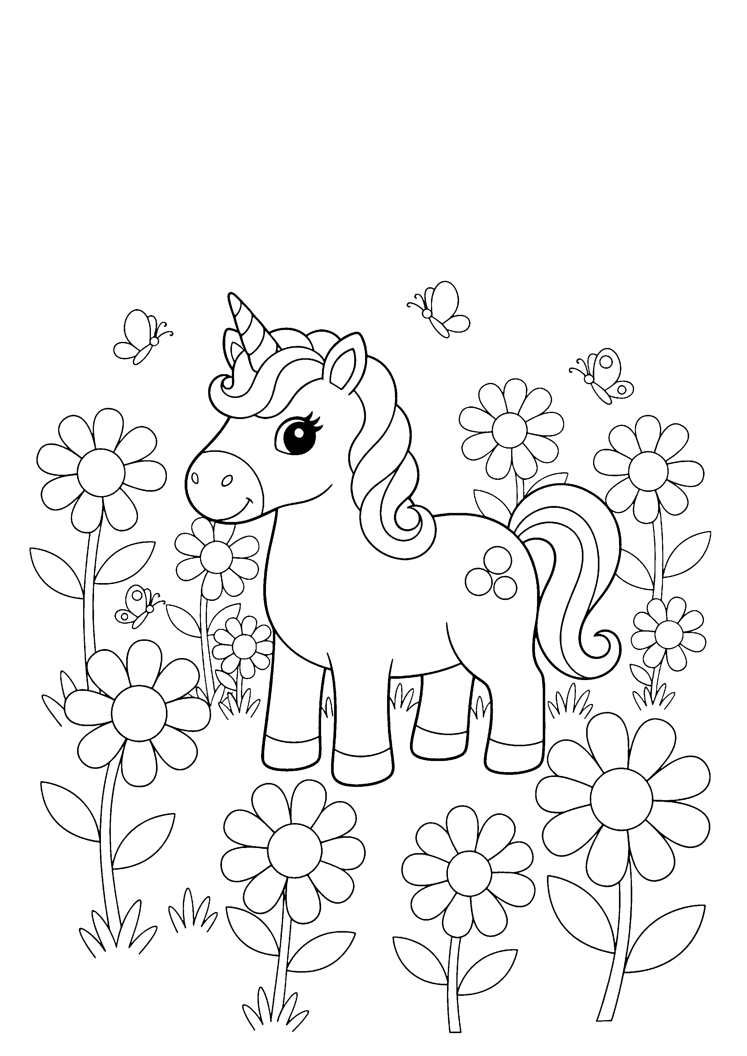 Coloring page of a unicorn in a flower meadow, black and white line art