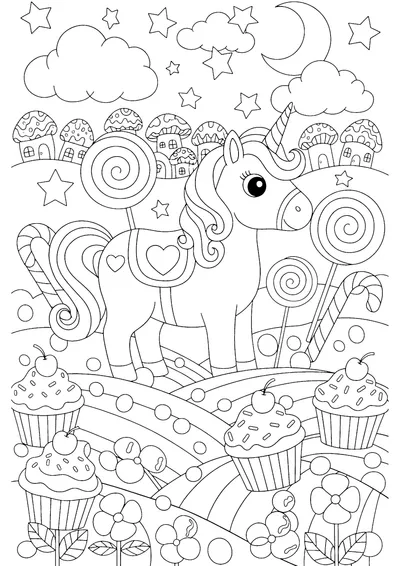 Coloring page of a unicorn in candy land, black and white line art