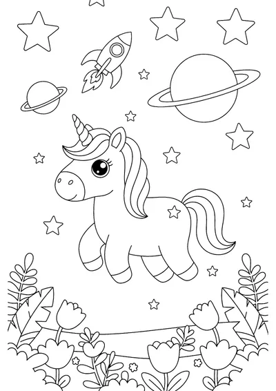Coloring page of a unicorn in space, black and white line art