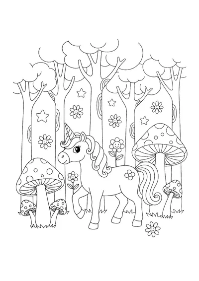 Coloring page of a unicorn in a magic forest, black and white line art