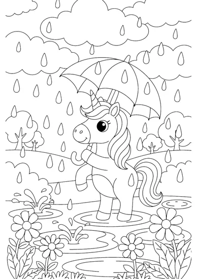 Coloring page of a unicorn in the rain with an umbrella, black and white line art
