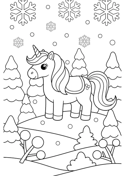 Coloring page of a unicorn in the snow, black and white line art