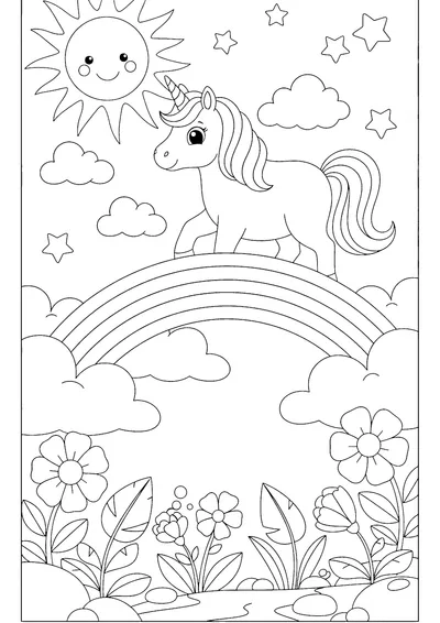Coloring page of a unicorn on a rainbow bridge, black and white line art