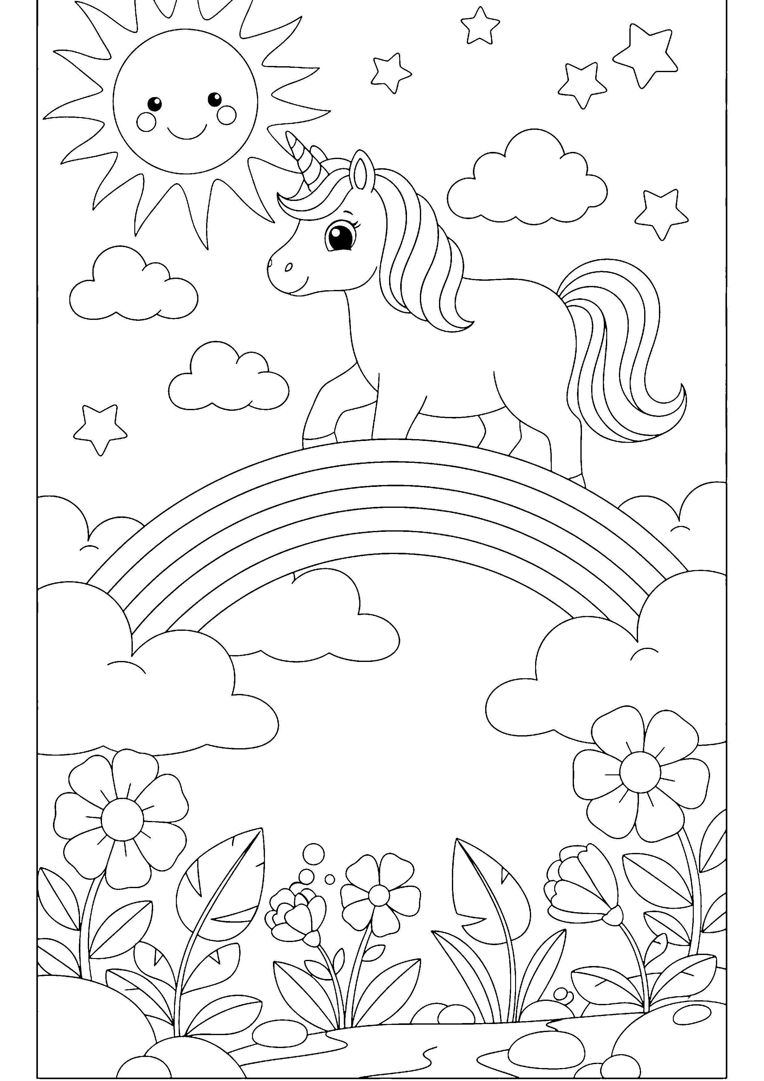 Coloring page of a unicorn on a rainbow bridge, black and white line art