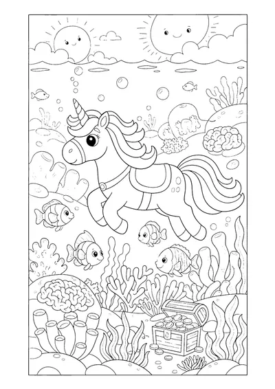 Coloring page of a unicorn under the sea, black and white line art