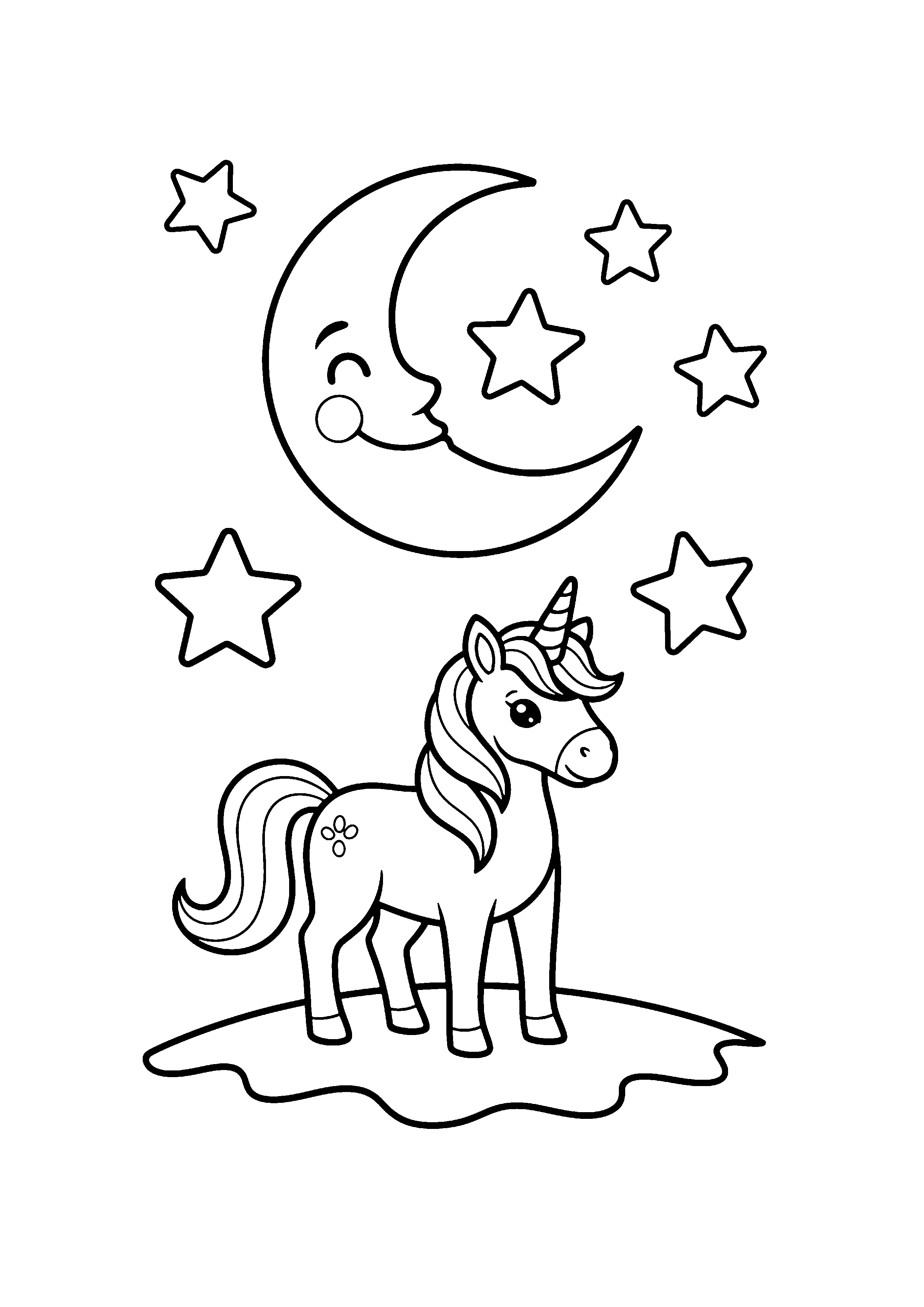 Coloring page of a unicorn under the stars, black and white line art