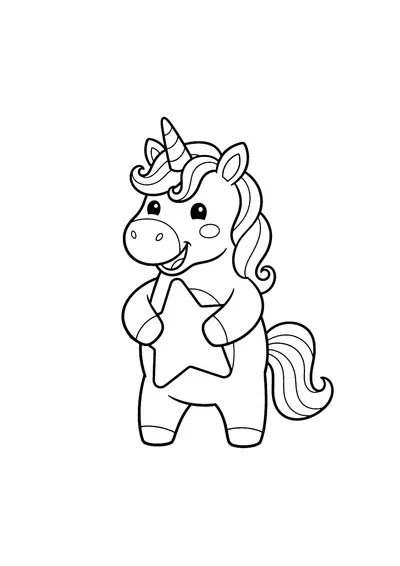 Coloring page of a unicorn holding a big star, black and white line art