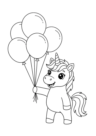 Coloring page of a unicorn with balloons, black and white line art