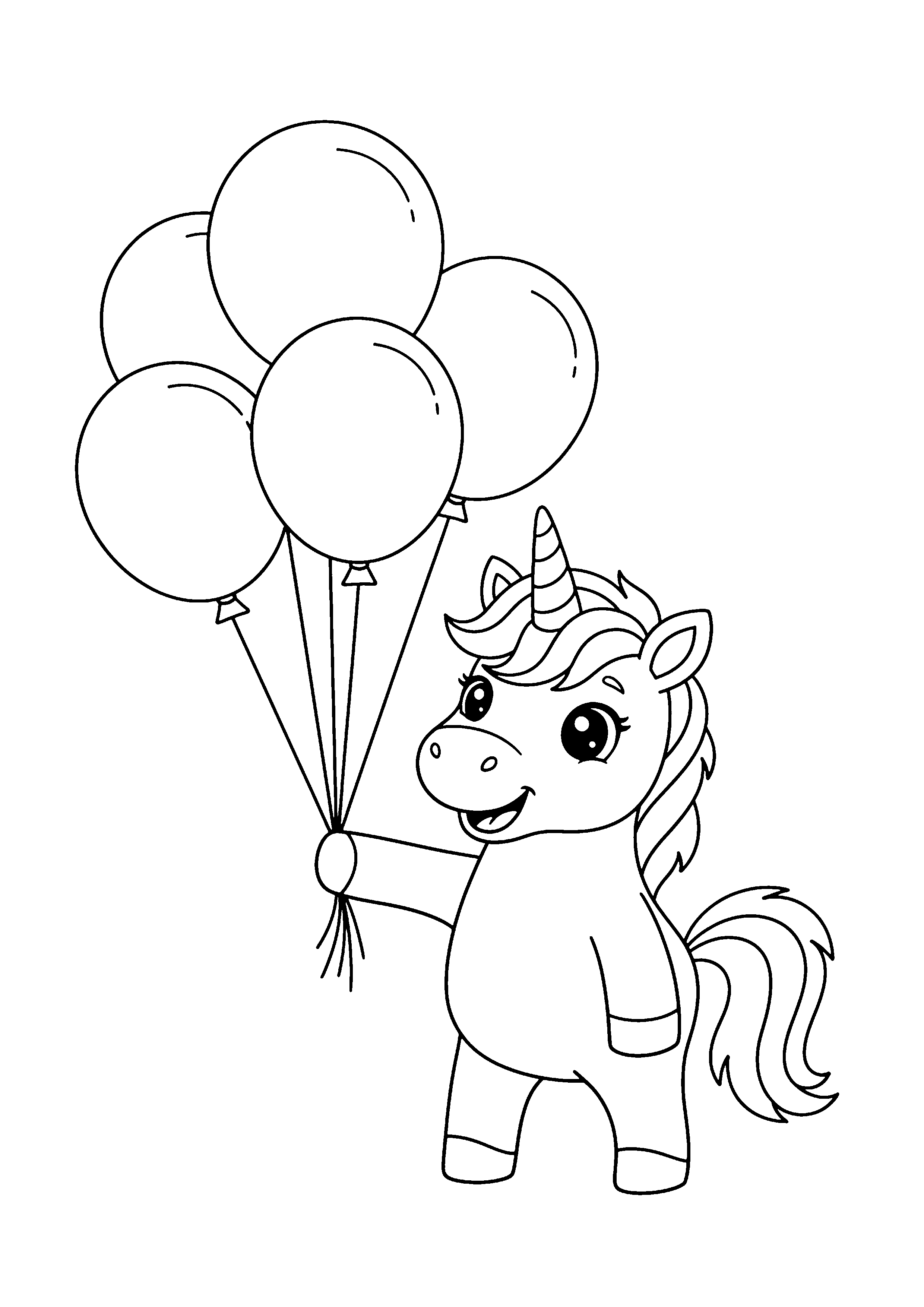 Coloring page of a unicorn with balloons, black and white line art